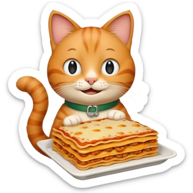 Garfield the cat, smiling, holding a lasagna sticker