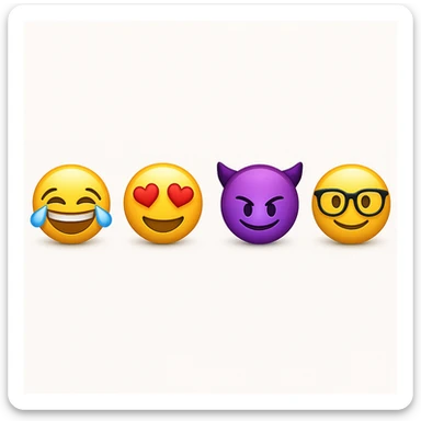 make four emojis on white background with good amount of shadow, four emojis of smiley's only. one laughing, second heart eyes, third purple devil and four black glasses emojis  sticker