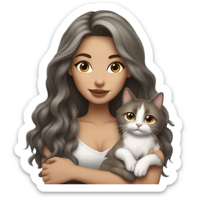 Beautiful brown haired tattooed woman holding gray and white long hair cat sticker