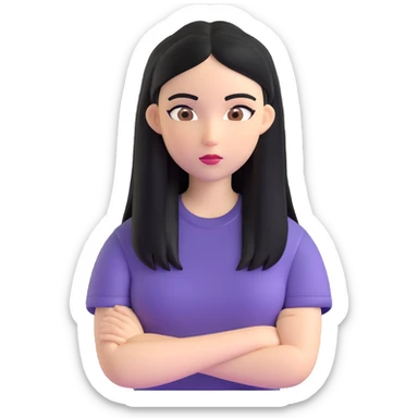 white girl, black long straight hair, brown eyes, dark eyebrows, small lips, black t-shirt sticker