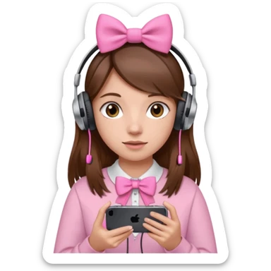 Girl with brown hair and a pink bow with headphones and a iPhone 13 Pro sticker