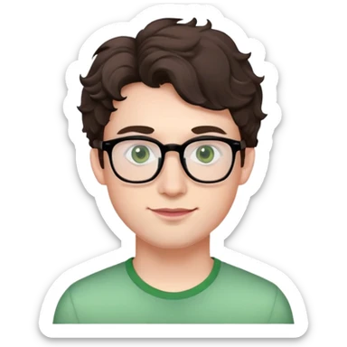Young man with dark brown slightly wavy poofy hair (just a bit of curl, not too curly), green eyes wearing glasses, wide face with eyes set apart, bigger ears, very pale skin, slightly bigger nose, fuller darker pink lips with a smile, and very light stubble sticker