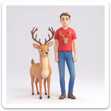 A casual guy with deer antlers, wearing a t-shirt and jeans, with a sad or thoughtful facial expression, neutral background, no snow sticker