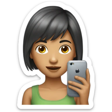 strigth short hair withe skin teenager girl playing with a cellphone sticker
