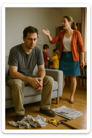 Uomo tra i 35 e i 45 anni, seduto in disparte sul divano con sguardo spento e postura chiusa, mentre la moglie, in piedi, gesticola con decisione e dirige la scena familiare (dando ordini ai figli o organizzando la casa). Intorno, simboli visivi della perdita di ruolo maschile: giornali accartocciati, strumenti da lavoro inutilizzati, l’uomo con vestiti trasandati o troppo neutri. La donna appare energica, determinata, mentre lui è passivo e disconnesso. Atmosfera domestica fredda o neutra. Colori sbiaditi attorno all’uomo, più vividi attorno alla donna. Stile realistico con tono simbolico. sticker