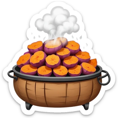 Street vendor roasted sweet potato with steam rising, simplified emoji style with bold outlines and bright colors, cartoon style hot Kao Hong Shu sticker