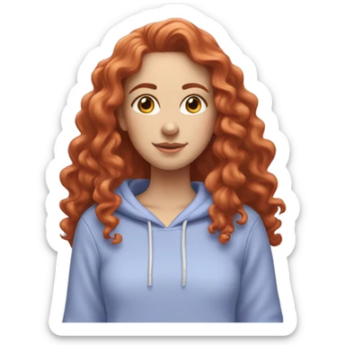 white girl with long red curly hair, wearing a pastel periwinkle hoodie doing a pose sticker