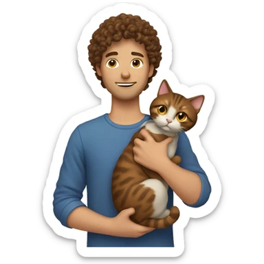 Guy with short brown curly hair holding a cat sticker