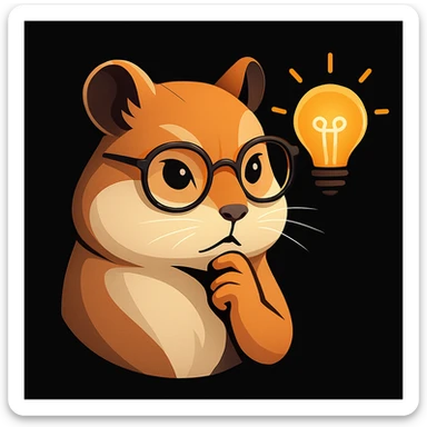 stylized illustration of a hamster with a paw on its chin, trendy glasses, and a bright idea lightbulb, not kiddish, solid black background sticker