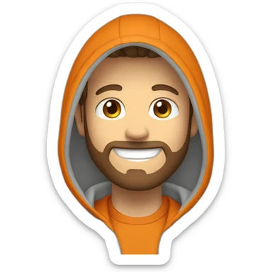 white dude smiling with a brown beard and short brown hair with an orange hooded hoodie sticker