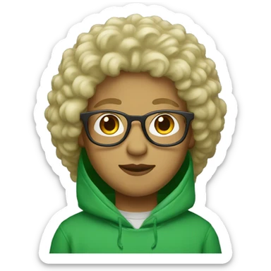 person with glasses and blonde fluffy hair and a green sweatshirt with hood up standing straight sticker