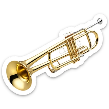 Create an elegant and detailed emoji representing the Bach Bb/F tenor trombone. The design should feature the smooth, shiny brass body of the trombone, showcasing its large, flared bell and curved tubing. Highlight the tuning slide with its polished metal finish, and the mouthpiece should be clearly visible. The trombone’s surface should have a gleaming brass tone with subtle silver accents around the mouthpiece and slide. Add a few musical notes or soundwaves emanating from the bell to emphasize the powerful sound of the trombone. Use golden and brass tones with reflective light effects to enhance the trombone’s professional and high-quality appearance. The background should be transparent. sticker