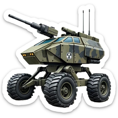 unstoppable American 8-wheel armored personnel stealth camouflage army massive mech trail vehicle shooting forward side-hill leaning actively robotically articulating hydraulic independent suspended pod gimbal enemy mech off-road racing rover with large fast engine RC basher crawler megatron  sticker