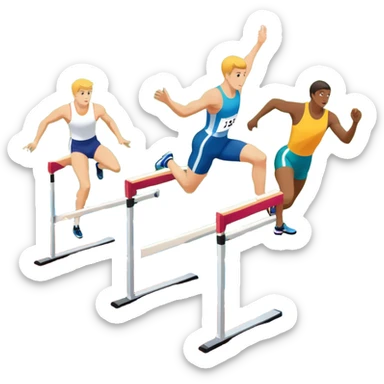 A collage of track and field equipment: a starting block, javelin, hurdle, discus, and high jump bar, symbolizing various disciplines. The background features a vibrant stadium with a running track, field events area, and cheering crowds.  sticker