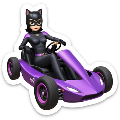 full size real-appearance road glowing racing sexy buxom CatWoman’s feminine midnight-colored tight outfit sixty’s tv show dark stealthy accurate sporty safe plush deluxe off-road pursuit drifting car lexus (black hair,reclining and relaxed torso and shoulders back against seat) rallycross kart  sticker
