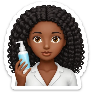 Uma boneca morena escura com olhos castanhos e cabelo cacheado longo preto, fazendo skin care sticker
