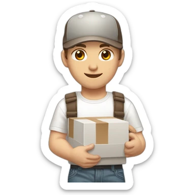 Pale skinned fit Man with dark brown hair in a light gray cap, dark brown jeans, brown polo and white T-shirt keeping a pasted with tape white box into his hands sticker
