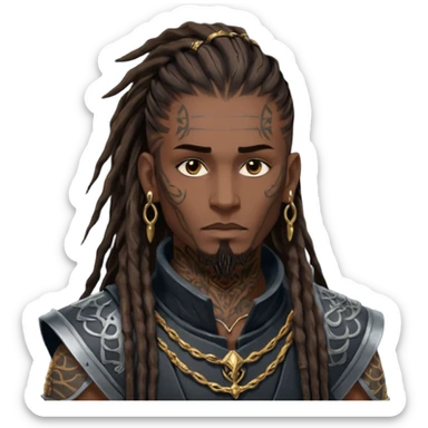 A dark-skinned figure with hollow cheekbones, a sharp jawline, and intense dark brown eyes. His hair is a mess of 7-inch-long dreadlocks, with a fresh hairline and low taper. His body is covered in intricate tattoos, and he wears an armor vest. Gold earrings adorn his ears, and his  sticker