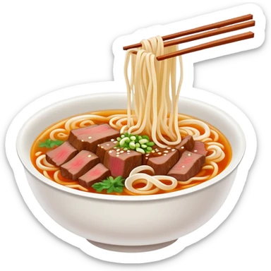 Lanzhou hand-pulled noodles with beef and clear broth, simplified emoji style with bold outlines and bright colors, cartoon style traditional Chinese lamian in bowl sticker
