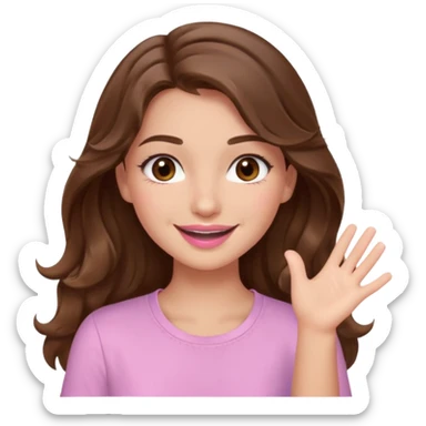 girl with wavy long brown hair, brown eyes, light to medium complexion, long lashes, light pink lipstick, smiling, wearing light pink shirt, slapping sticker