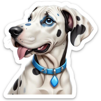 Cinematic Cute Yawning Harlequin Great Dane Portrait Emoji, Head tilted slightly with a dramatic, wide-open yawn, showcasing a smooth coat of predominantly white with bold black patches, floppy ears slightly drooping, round blue eyes barely open in drowsy contentment, Simplified yet irresistibly adorable features, highly detailed, glowing with a soft, cozy glow, high shine, relaxed yet expressive, stylized with a touch of whimsy, bright and endearing, soft glowing outline, capturing the essence of a sleepy yet affectionate guardian, so drowsy it feels like it could stretch out of the screen and curl up for a nap! sticker