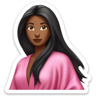 Tanned woman with long black hair wearing a silk pink Victoria’s Secret robe sticker