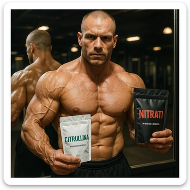 athletic bodybuilder in front of gym mirror, visible veins on arms and shoulders, holding Citrulline and Nitrates packages with Italian labels, reflection emphasizing vasodilation, intense light, motivating atmosphere, realistic details sticker