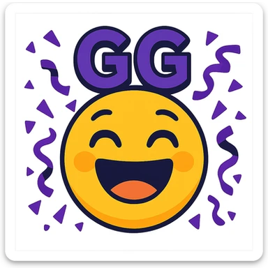 A celebratory emoji with purple confetti and the text 'GG', festive and bright sticker