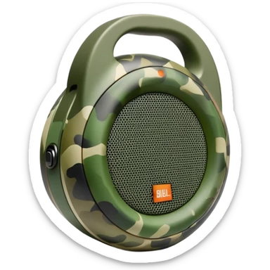 Ultra minimal JBL Clip 4 speaker with just a few green camouflage spots, iOS emoji style sticker