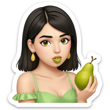 Dua Lipa in a light green dress eating a pear sticker