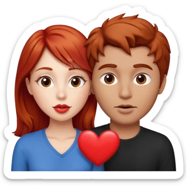 mujer pelirroja y hombre con pelo café haciendo cara de beso pero con un corazón entremedio sticker