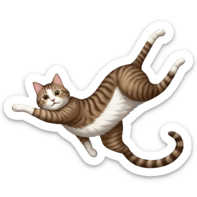 dark brown tabby and white cat with doing a big extremely long stretch reaching up into the air with arms and legs side by side together straight and overextended whilst lying on its side sticker