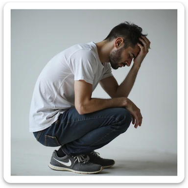realistic 30-year-old man suffering from anxiety, curled posture, looking down, light background sticker