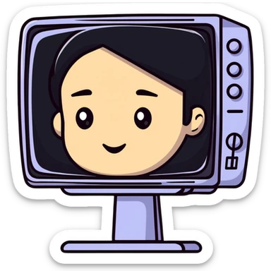 Thick feminine figure with TV screen head, digital face displayed on screen sticker