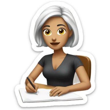 white woman with short black hair writing  a notebook on a wooden desk sticker