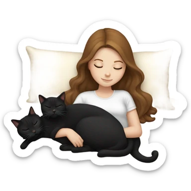 White girl brown hair sleeping, cuddle two black cats sticker