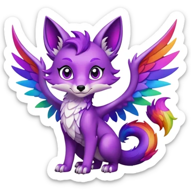Cartoon Fox dragon hybrid purple eyes with wings face front full body dark rainbow colored sticker