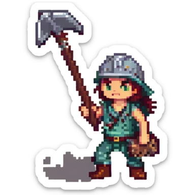 Old School RuneScape inspired pixel art emote of a character performing a mining skill animation, holding a pickaxe and striking a rock, in the iconic RuneScape style sticker
