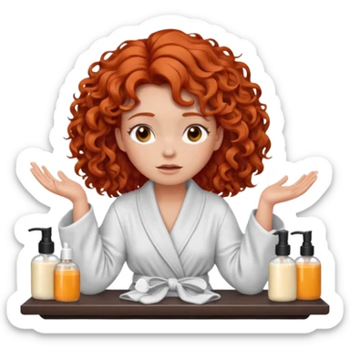 Cartoon emoji of a girl with voluminous curly red hair, fair skin, warm brown eyes. Wearing a chic milky silk robe with long sleeves, no makeup. Sitting at a vanity full of skincare products, holding her head with both hands, unsure which to choose. Smooth, simple, stylized." sticker