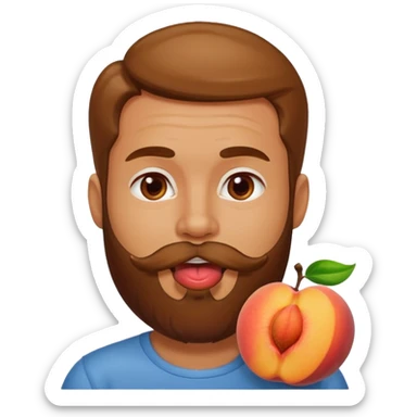 man with beard licking peach sticker