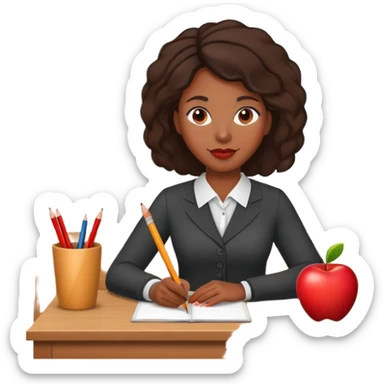 Black female teacher at desk with one apple and one pencil sticker