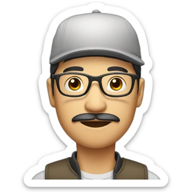 asian male with cap and glasses and moustache sticker