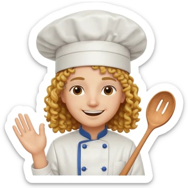 Long curly hair, happy, wearing chef uniform and chef hat sticker