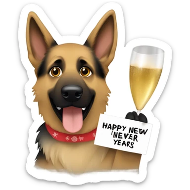 Blonde and brown German shepherd holding a sign that says “Happy New Years Eve” sticker