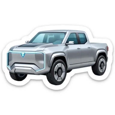 A futuristic electric pickup truck emoji, silver chrome body, angular cyber design, smooth metallic panels, subtle reflections, minimalistic proportions, iOS emoji style, centered composition, clean white background, soft lighting sticker