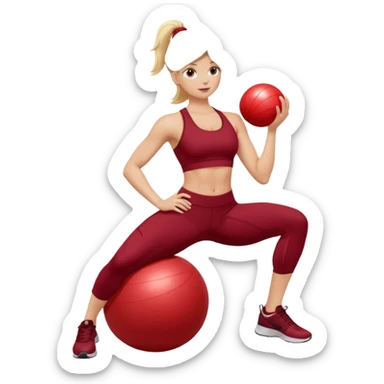A blonde white Pilates girl in dark red clothes with fitness ball sticker