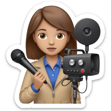 Brown-haired girl posing with video equipment sticker