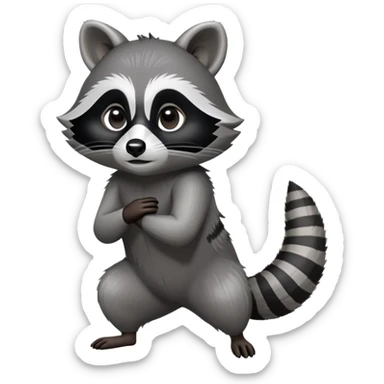 Cinematic-Raccoon-Realistic-hunched Full-Body-Standing on all fours-Emoji – Tail flicking lazily, head tilted dramatically, thick grey fur with a signature black mask, sharp and alert ears, simplified yet realistic focused features, highly detailed, glowing with an almost sarcastic glow. sticker