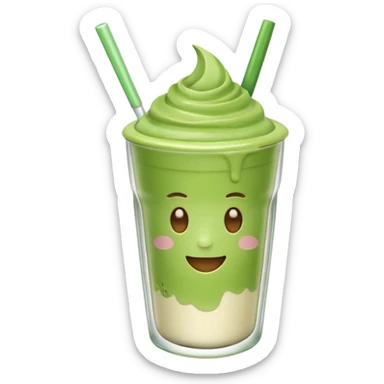 Emoji glossy 3D de un vaso de matcha latte, vaso de vidrio transparente con matcha espumoso verde pastel, capas suaves de leche y matcha, brillo intenso tipo sticker, sombras delicadas, fondo transparente, estilo cute moderno, alta calidad sticker