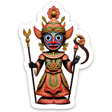 Golek Ayun-ayun – Cinematic Realistic Wayang Golek Ayun-ayun, depicted as an intricately carved traditional wooden puppet with vibrant painted details and expressive features, set on a dimly lit stage with dramatic shadows that evoke centuries of Indonesian theatrical heritage, rendered with lifelike textures and subtle ambient glow. sticker